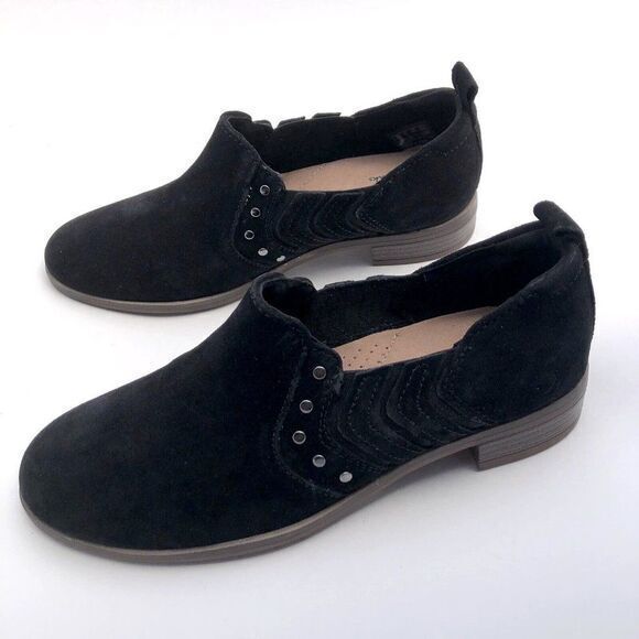 NEW Clarks Trish Bell Studded Leather‎ Flat Slip On Bootie Black Suede - Picture 4 of 6